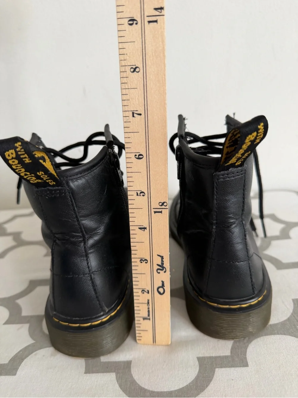 Dr. Martens Black Leather Lace-Up Combat Boots with Yellow Stitching